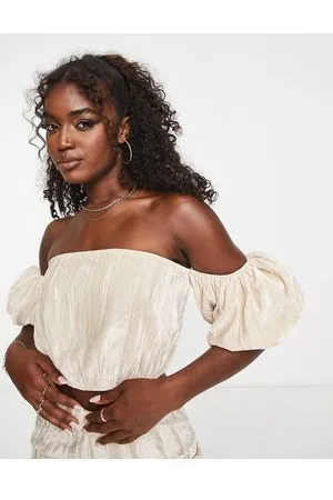 In The Style Off shoulder puff sleeve crop top co-ord in camel