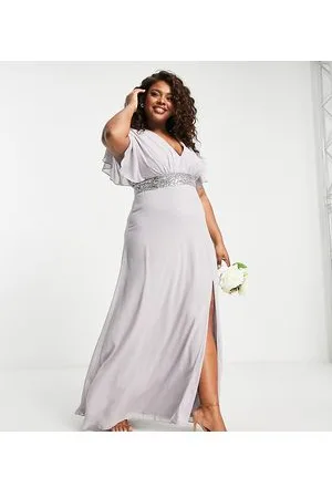 TFNC Bridesmaid chiffon maxi dress with flutter sleeve and embellished waist in