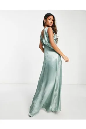 VILA Bridesmaid satin v neck maxi dress with train in