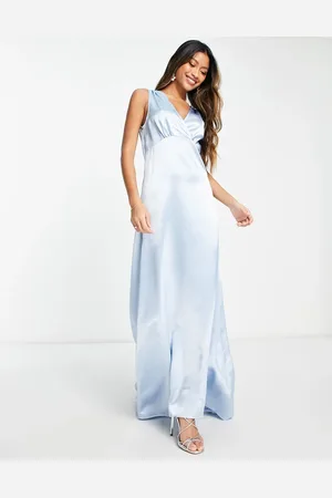 VILA Bridesmaid satin v neck maxi dress with train in pastel