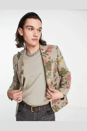 Twisted Tailor Sember suit jacket in beige wool with placement floral print