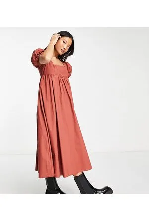Glamorous Square neck puff sleeve midi smock dress in rust