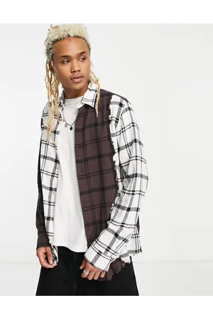 ADPT. Oversized flannel mix check shirt in & brown