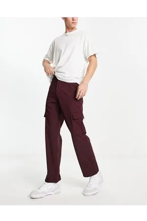 Bershka Straight cargo trousers in burgundy
