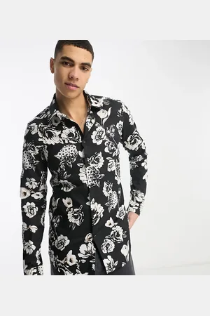 Devils Advocate Tall slim fit long sleeve floral shirt in and white