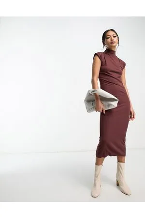French Connection High neck shoulder pad jersey midi dress in