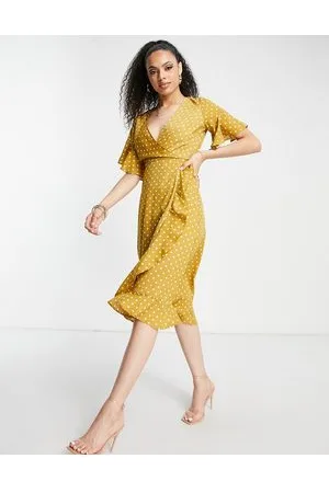 Ax Paris Ruffle wrap midi dress in mustard polka