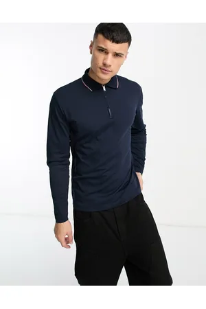 SELECTED Cotton mix long sleeve polo with zip in navy