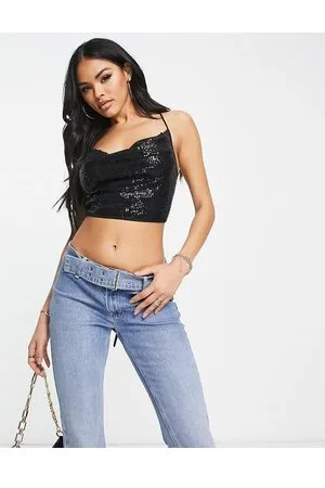 NaaNaa Sequin crop top with cowl neckline in