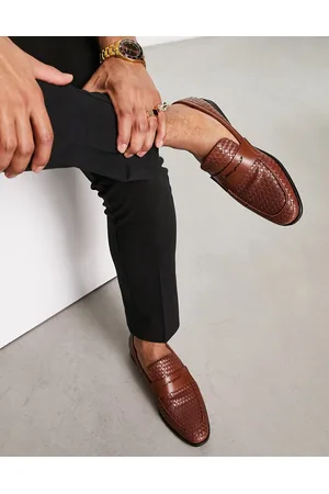 London Rebel Men Loafers - Faux leather woven loafers in tan