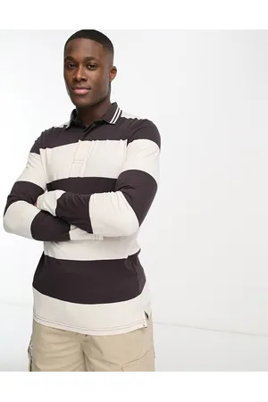 Brave Soul Long sleeve stripe polo in & stone