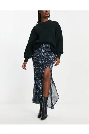 Free People Tie-side detail floral print boho maxi skirt in ink blue