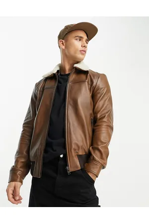 Muubaa Vintage finish leather bomber with faux shearling collar in