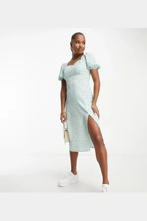 Glamorous Square neck tie back midi tea dress in mint lilac ditsy