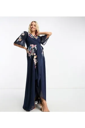 HOPE & IVY Flutter sleeve embroidered wrap maxi dress in navy floral