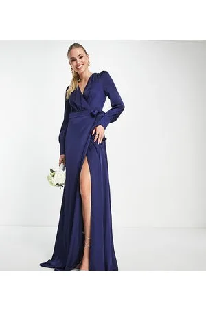 TFNC Bridesmaid long sleeve satin maxi dress in navy