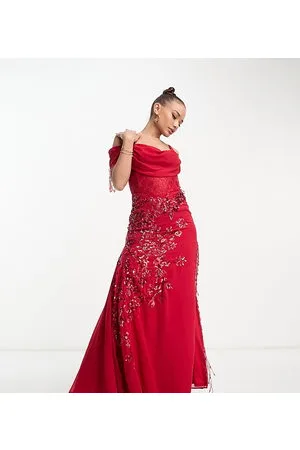 Starlet Bardot maxi dress with thigh split in floral lace with bead fringe