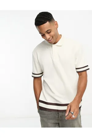 River Island Men Polo Shirts - Slim taped polo in ecru