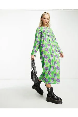 Native Youth Cloud cut-out midaxi smock dress in green and purple floral