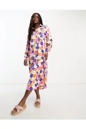 Monki Maxi satin floral print shirt dress in