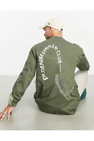 Dr Denim Men Long Sleeve - Reno relaxed fit long sleeve top in khaki with happy hour back print