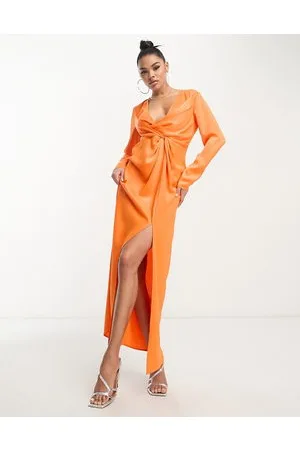 Something New X Klara Hellqvist satin twist front plunge maxi dress in sunset