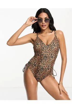 ASOS Fuller Bust plunge rib swimsuit with lace up side detail in leopard animal print