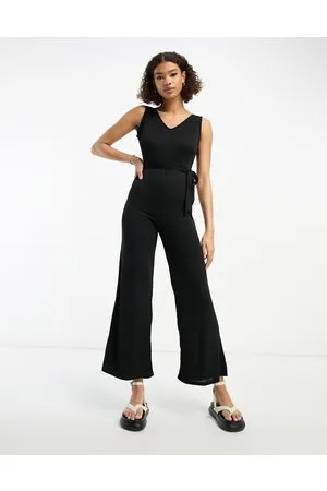 River Island wide leg puff sleeve satin jumpsuit in black