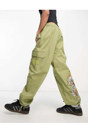 ED HARDY Relaxed combat cargo trousers with dragon emboidery khaki