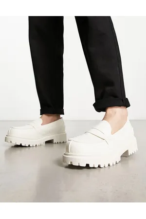 London Rebel Men Loafers - Cleated sole chunky penny loafers in cream