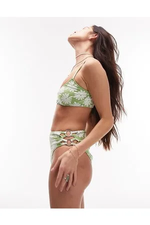 Topshop Daisy jacquard ring detail high waist bikini bottoms in