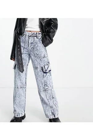 Miss Selfridge Petite denim wide leg cargo jean in dark acid wash