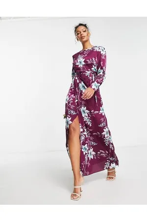 Liquorish Satin modest maxi dress in wine placement floral