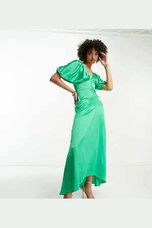 ASOS ASOS DESIGN Tall high low hem satin batwing midi dress with button through detail in emerald