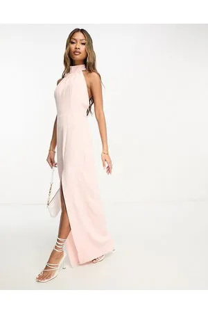 Vesper Racer neck thigh split maxi dress in blush