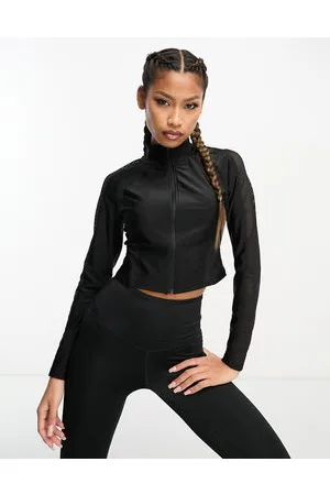 HIIT Gloss highneck zip front top with mesh detailing