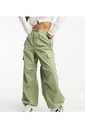 Bershka Petite tie waist nylon cargo parachute trousers in khaki