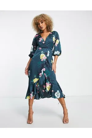Liquorish Satin wrap midi dress with puff sleeve in floral