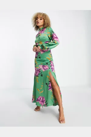 Liquorish Satin maxi dress with collar detail in overscale green and purple floral