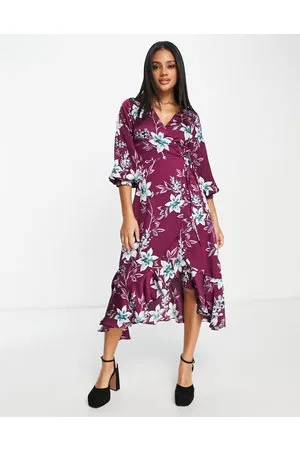 Liquorish Satin wrap midi dress with puff sleeve in wine placement floral