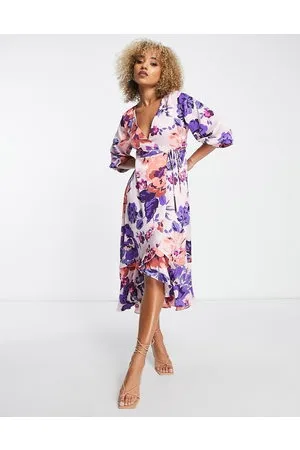 Liquorish Satin wrap midi dress with puff sleeve in overscale floral print