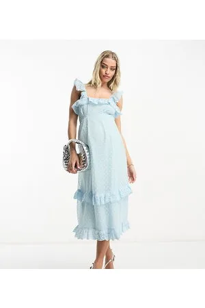 HOPE & IVY Dobby spot frill midi dress in duck egg