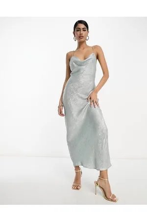VILA Glam lace up back cami maxi dress in shimmer silver
