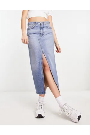 MANGO Denim split front midi skirt in