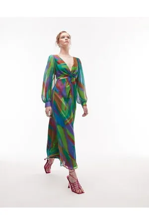 Topshop Long sleeve twist cut out midi dress in abstract print
