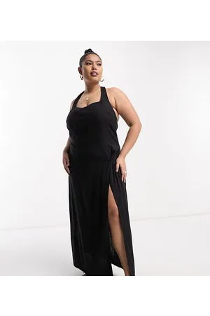 ASOS ASOS DESIGN Curve linen scoop halter maxi sundress with knot detail in