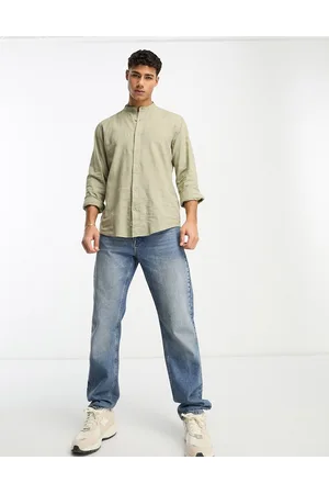 Pull&Bear Linen grandad collar long sleeve shirt in khaki