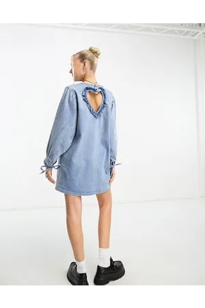Native Youth Heart cut-out detail mini smock dress in washed denim