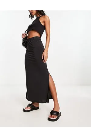 VILA Slinky maxi skirt with slit sides in black