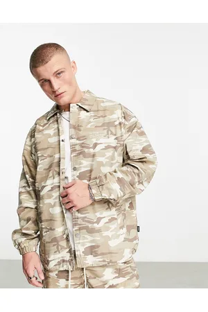 Dr Denim Men Sets - Split co-ord relaxed fit coach jacket in taupe camo with happy hour back print
